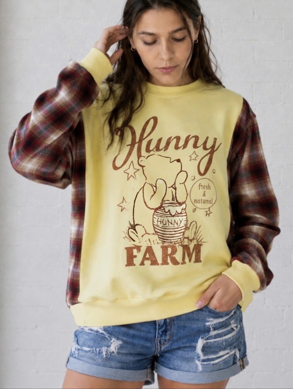 Upcycled- Honey Hollow Flannel Crewneck